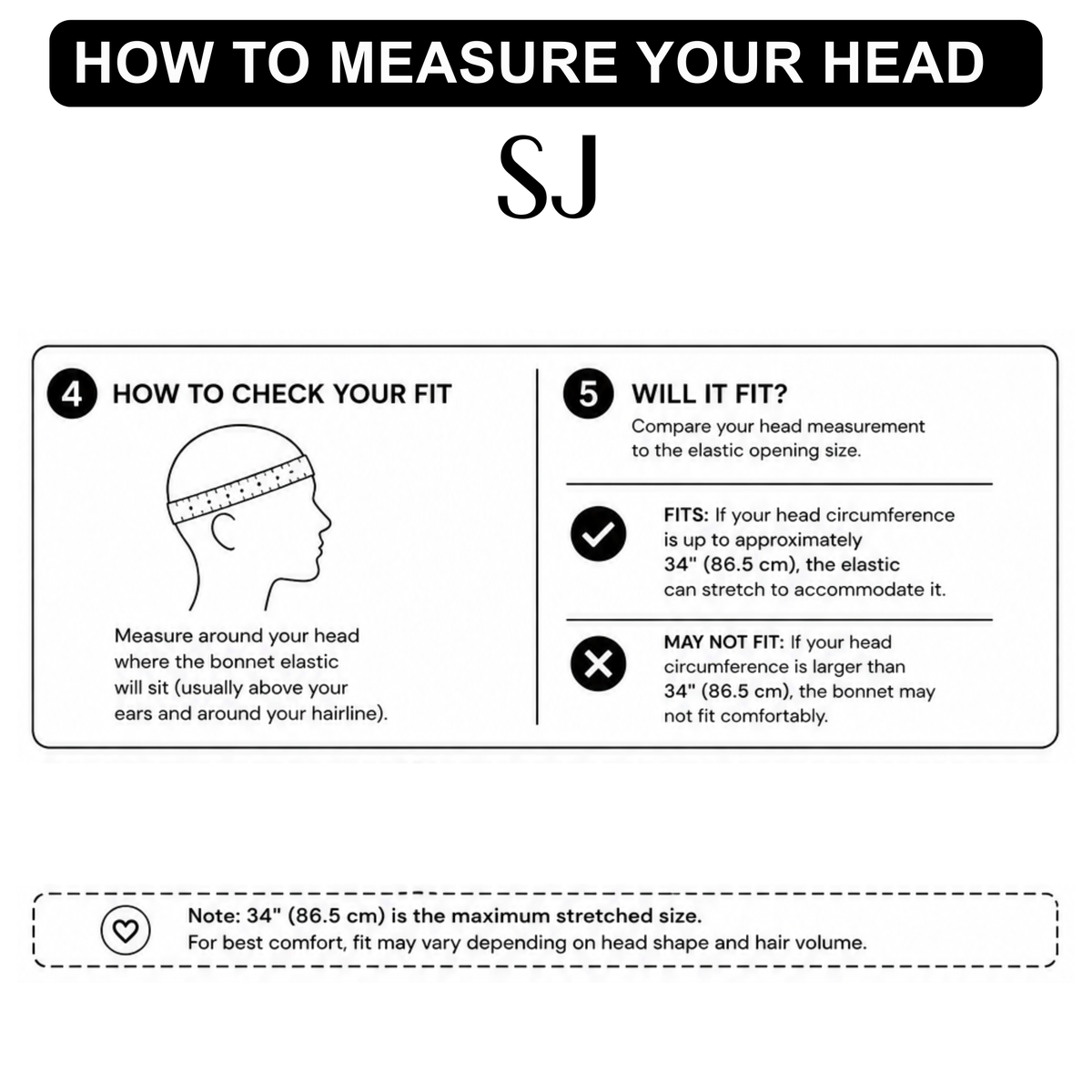 Instruction graphic titled 'HOW TO MEASURE YOUR HEAD SJ' with numbered steps explaining how to check head fit and whether the bonnet will fit, shown on a white background.