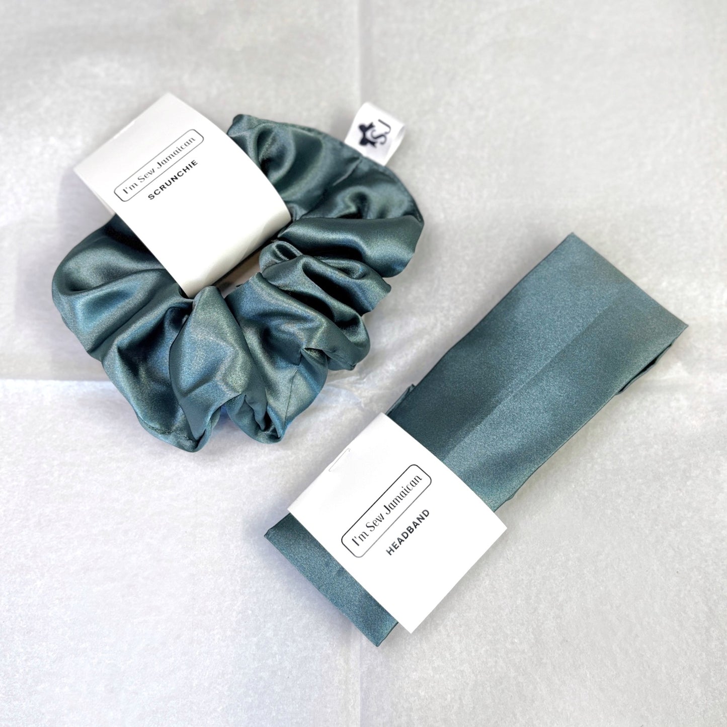 Aqua satin headband and scrunchie set with wide top and elastic back