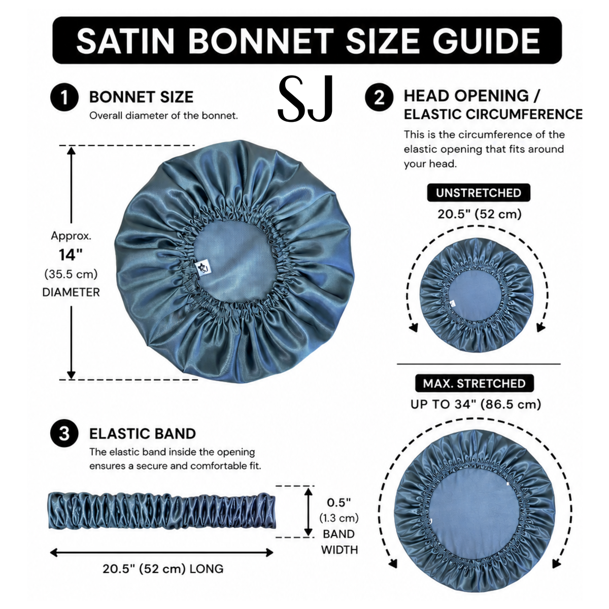 A satin bonnet size guide infographic showing a blue satin bonnet with labeled measurements for overall diameter, elastic band length, and elastic band width, plus diagrams of unstretched and max-stretched head opening i'm Sew Jamaican