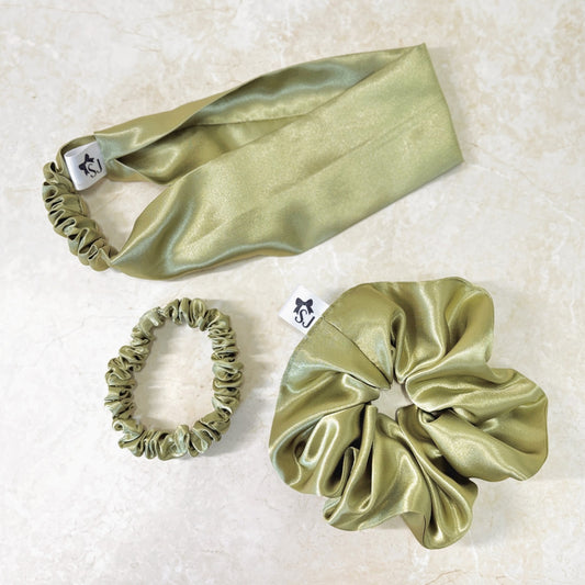 3 Pack Wide Satin Headband and Mixed Scrunchies Hair Accessory Gift Box Set, 5 Colours